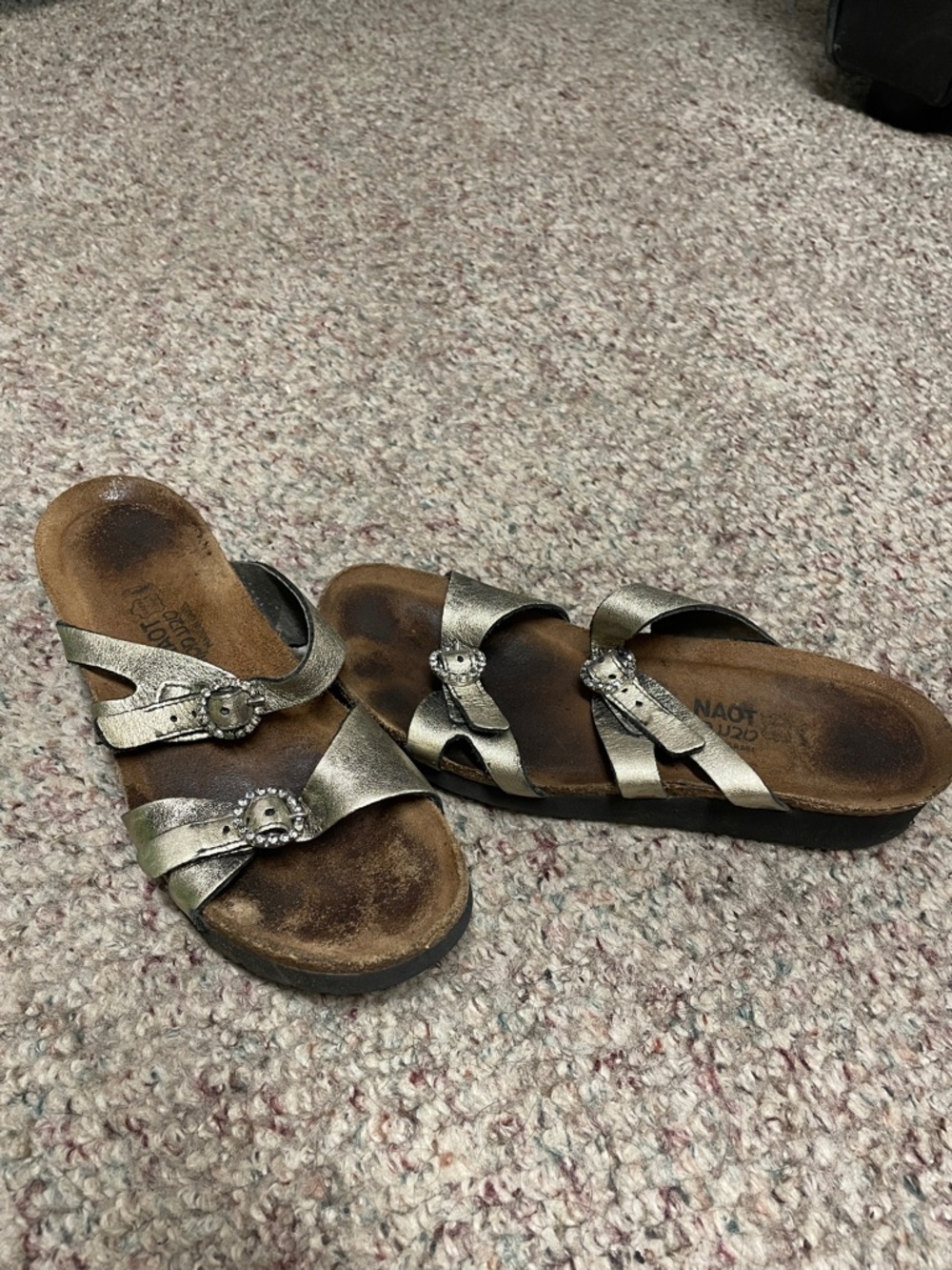 Naot Metallic Champagne Slide Sandals with Decorative Diamond Buckles